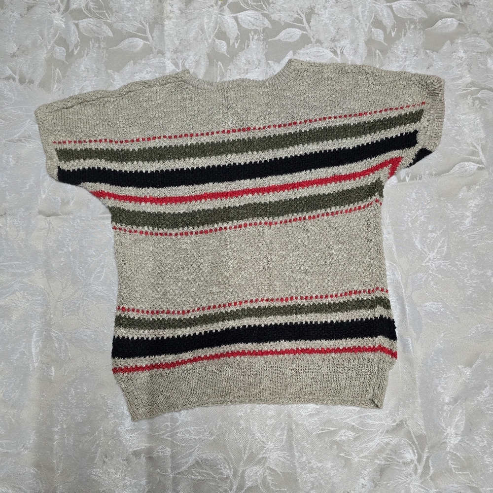 Woman Cotton/Ramie short sleeve crochet sweater multi-color stripes Vintage Y2k